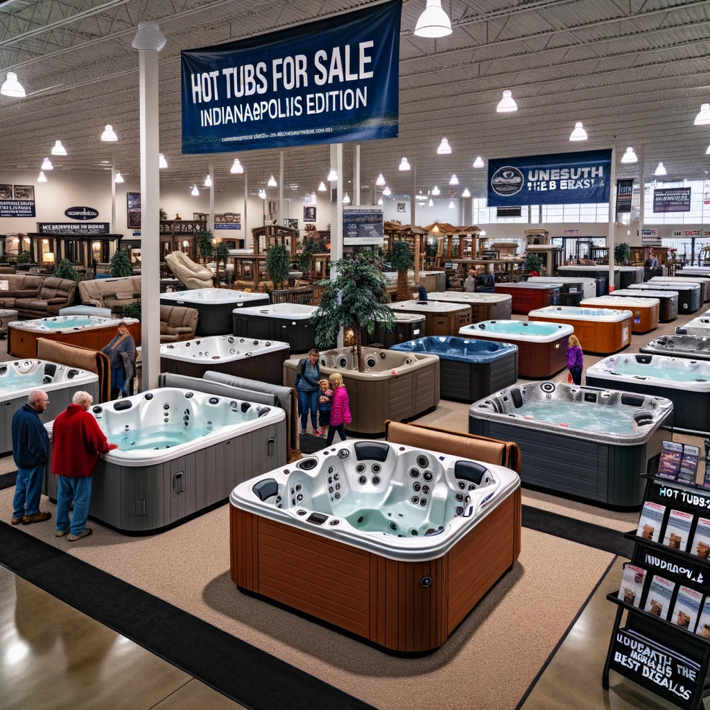 Spacious showroom in Indianapolis showcasing a diverse range of hot tubs with shoppers examining the products. 