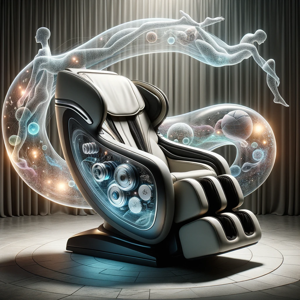 Massage chair with transparent sections showcasing its inner workings, set against a backdrop symbolizing stress relief.