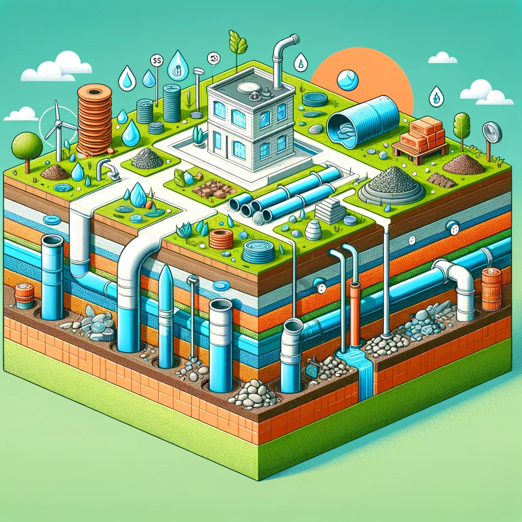  Illustration of a budget-friendly leach field system, showing pipes, soil layers, and affordable materials, emphasizing eco-friendliness and cost-effectiveness.